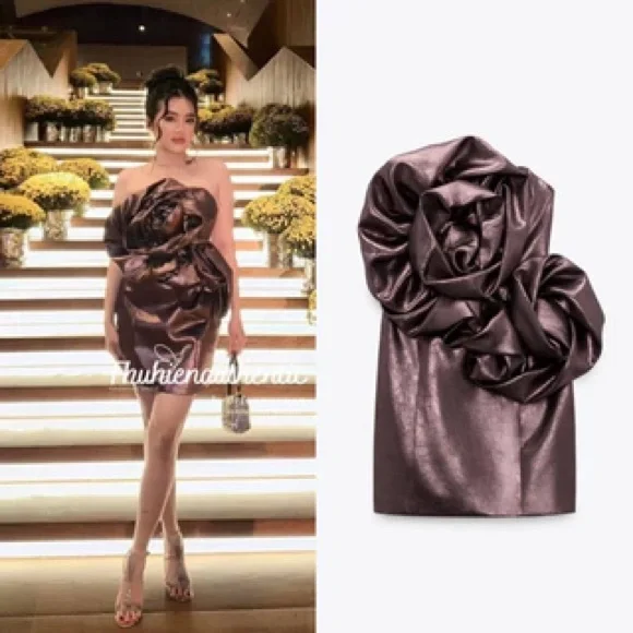 Zara NWOT voluminous flower 3D appliqué oversized floral detail party mini dress - Picture 11 of 15